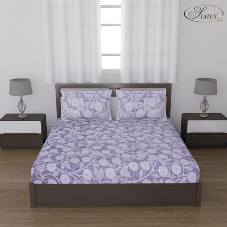 Status Contract -Cotton Rich Double Bedsheet With 2 Pillow Covers For Bed Room, Home, Hotel-120 Gsm (Violet White)