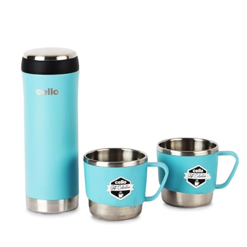 Cello My Cup Vacusteel Flask With Mugs Gift Set | Leak-Proof Design & Rust-Resistant Flask | Ideal For Coffee, Tea, Hot Chocolate, Or Iced Beverages | 3 Unit, Blue