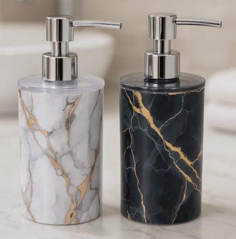 Haristar Liquid Soap Dispenser/Shampoo/Bottle Set With Pump For Handwash In Bathroom, Kitchen Sink Chrome Finish Top(Pack Of 2) (Italyan Black White)