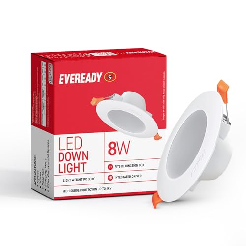 Eveready 8W Led Downlight, Round Shape, Cool Day White, 75 Lm/W Efficiency, 4Kv Surge Protection, 600 Lumens, 75Mm Cut Size, Lightweight, Integrated Driver, Junction Box Fit
