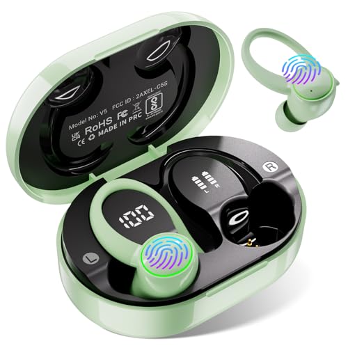 Edyell Bluetooth In Ear Earphones With Earhooks, Wireless Earbuds With Noise Cancelling Mic, 50H Playback, Bt5.3 Headphones Touch Control (Fm-V5-01-Green)