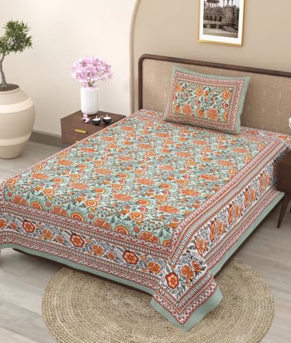 Elanorhomes Fulwari Garden Single Bedsheet – Ultra Soft Pure Cotton | Traditional Indian Print | Premium 240 Tc 60X90 Inches | 1 Matching Pillow Cover
