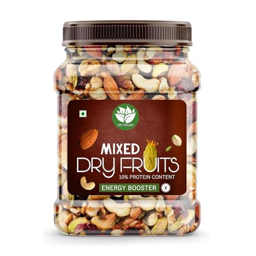 Go Vegan Healthy Nutmix 1Kg, Dried Almonds, Black Raisins, Cashewnuts, Cranberries, Black Dates & Many More Pack Of 2 (500G Each Jar)