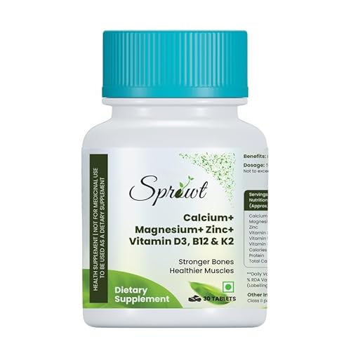 Sprowt Calcium Magnesium Zinc Vitamin D3, B12 & K | 30 Vegetarian Tablets I Multi Supplement For Women And Men, For Bone Health & Joint Support