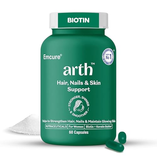 Arth Hair, Nails & Skin Support | Biotin Capsules For Hair Growth With Keratin Builder & Essential Vitamins| Hair Regrowth Supplement |Biotin Supplement | Emcure Pharmaceuticals Ltd. | 60 Veg Capsules