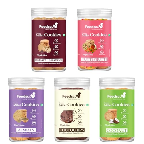 Feedsco Millet Cookies 75Gm Pack Of 5 – Tasty & Healthy Snack With Natural Sweetness – Best Healthy Cookies For Kids & Adults