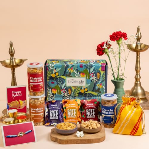 Gladful 10-In-1 Healthy Rakhi Gift Box For Brother – Millet Mixes, Gur Chana, Date Nut Squares, Rakhi, Roli Chawal, Card & Potli