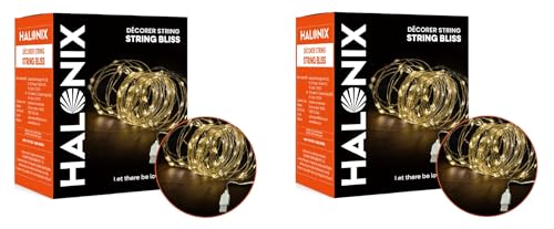 Halonix Bliss Copper Rice Light | Decorative Light | Festive Fairy Light | Usb Powered Copper String Light |Flexible Installation | Warm White| Pack 2