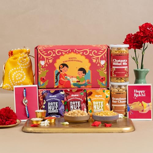 Rishton Ka Tohfa Rakhi Gift Box For Brother – 9 Items With Dry Fruit Barfi (Chocolate Cashew, Cranberry Almond, Cocoa Orange), Millet Nut Mix, Gur Chana, Rakhi, Roli, Chawal, Potli