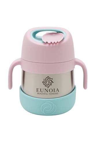 Eunoia Insulated Food Jar For Kids – 335Ml, Hot & Cold Stainless Steel Thermal Container With Spork – Leakproof, Bpa-Free, Ideal For School, Travel, Daycare (Pink/Mint Green)