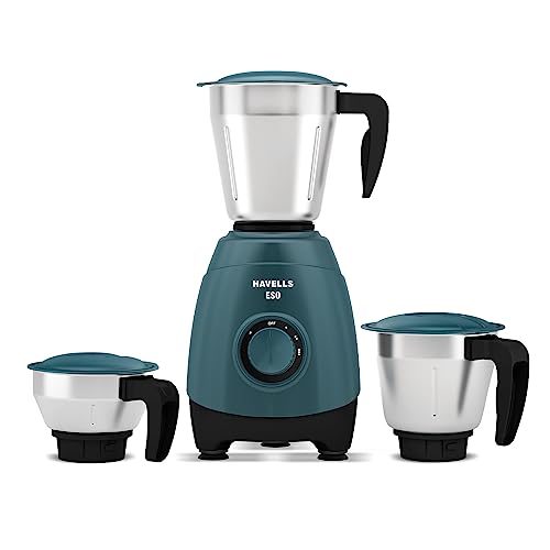 Havells Eso 750 Watt Mixer Grinder | 3 Stainless Steel Jars With Handles | 304 Rust-Resistant Ss Blades | 21000 Rpm High-Speed Motor | 5-Year Motor Warranty | Heavy-Duty Mixie (Teal)