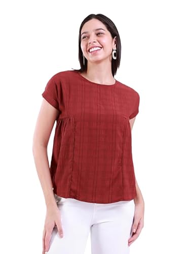 Rianu Brown Relaxed Pleated Top | Printed Cap Sleeve Women’S Casual Wear Top – M
