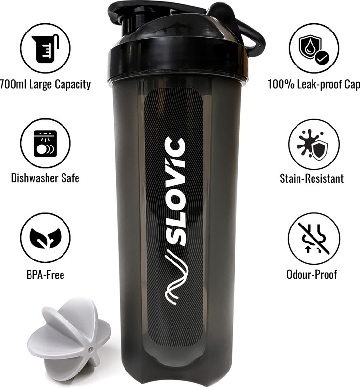 Slovic Leak-Proof Gym | Protein With Typhoon Blender | Bpa-Free 700 Ml Shaker(Pack Of 1, Black, Plastic)