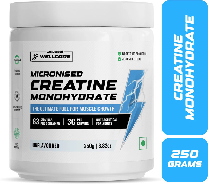 Wellcore Micronised Creatine Monohydrate | Lab Tested | Enhanced Absorption | 100% Pure Creatine(250 G, Unflavored)