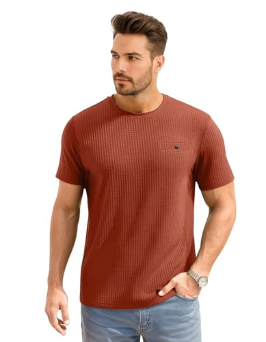 Awg All Weather Gear Men Waffle Knit Regular Fit Solid Crew Neck T-Shirt | Tees For Man | Textured Half Sleeve Stylish T-Shirt’S | Rust, Large