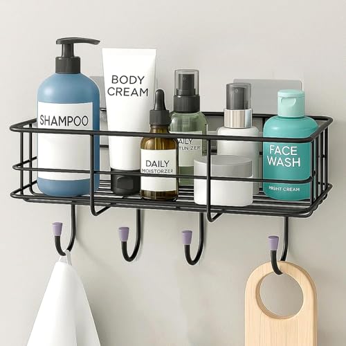 Rovexa Steel Bathroom Organizer Shelf | Self Adhesive Wall Mounted Rack Without Drill | Rust-Proof Black Storage With 4 Hooks For Toiletries & Accessories