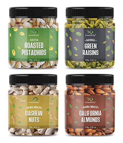 Greenfinity Dry Fruits Combo Pack- Green Raisins, Almonds, Roasted Pistachios, Cashews | Nutritious Healthy Snacks Ideal For Gifting, Festive Hampers, Family And Friends Treats (250G Each-Pack Of 4)