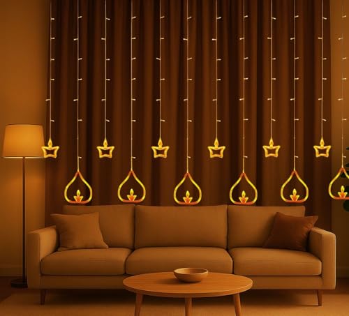 Desidiya® Diya Lights Diwali String Curtain Lights – Warm White Indoor & Outdoor Lights For Home, Wall, Window, Indian Wedding, Garden, Bedroom, Christmas, Party, And Festive Decor- Corded Electric