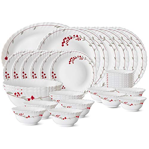 Larah By Borosil Fluted Series Verona Opalware Dinner Set | 33 Piece For Family Of 6 | Microwave & Dishwasher Safe | Bone-Ash Free | Crockery Set For Dining & Gifting | Plates & Bowls | White