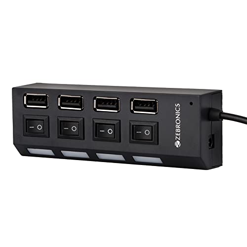 Zebronics 150Hb 4 Port Usb Hub With Dedicated On/Off Switch, Led Indicators, 45Cm Cable Length, Optional Power Input Port, Multi Device And Plug Play Usage