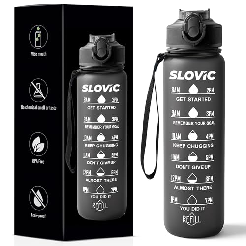 Slovic Plastic Sipper Water Bottle 1 Ltr | Gym Sipper Water Bottles For Adults | Motivational Water Bottle Ideal For Gym, Office, Travel & School | 100% Bpa Free | Wide Mouth For Easy Cleaning, Black