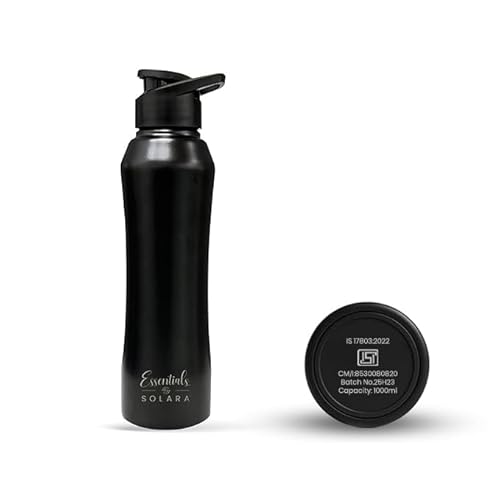 Solara Stainless Steel Water Bottle For Adults 1 Litre (Pack Of 1), Single Walled, Steel Water Bottle 1 Ltr, Water Bottle For School Kids, Girls, Travel, Gym, Office, Black Knight