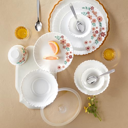 Larah By Borosil Silk Series Ayana Opalware Dinner Set With Steel Spoon | 41 Pcs For Family Of 6 | Microwave & Dishwasher Safe | Bone-Ash Free | Crockery Set For Dining & Gifting | Plates & Bowls