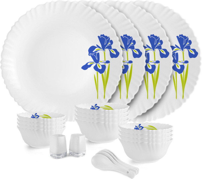 Cello Pack Of 22 Opalware Dazzle Iris|Crockery Set | Dinner Set(Blue, White, Microwave Safe)