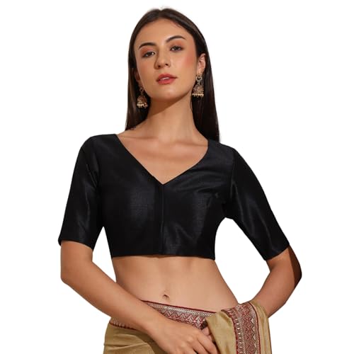 Happy Owl Women’S Cotton Silk Stretchable (Smocked) Readymade Elbow Length Sleeves Saree Blouse | Black | 2Xl