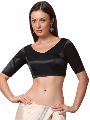 Happy Owl Women’S Black Solid Stretchable Smocked Readymade Saree Blouse | Ready To Wear Blouse With Hook And Eye Closure (M)