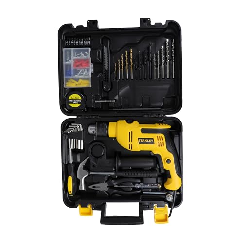 Stanley Sdh550Kpa-In 550W 13Mm Corded Single Speed Hammer Drill Machine And Hand Tool Kit (120-Pieces) – Includes Hammer Drill, Measurement Tape, Drill Bits, Hammer, Yellow & Black