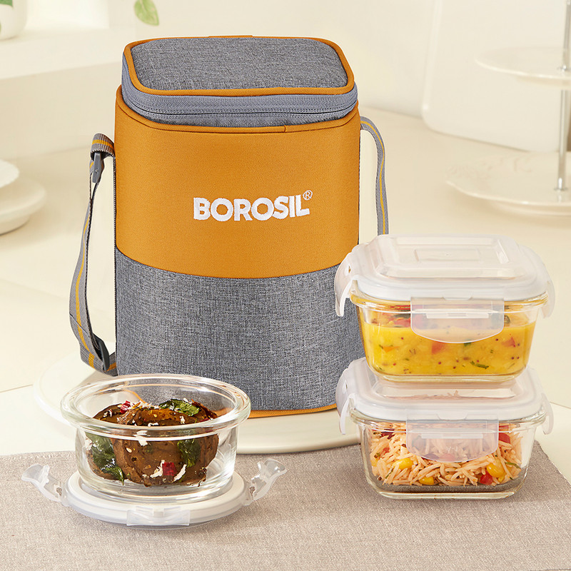 Borosil Zest Borosilicate Glass Lunchbox, 3Pc Set (320Ml X 2 + 240Ml X 1), Office Tiffin 3 Containers Lunch Box(880 Ml)
