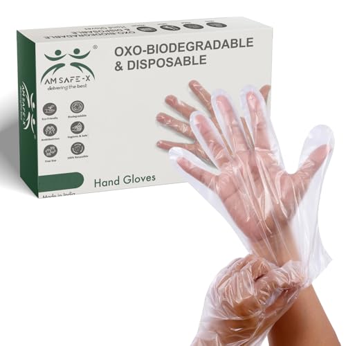 Am Safe-X Delivering The Best Disposable Hand Gloves Pack Of 200, 100% Compostable,Transparent Cooking Gloves Universal Size, For Gardening, Cleaning & Public Areas