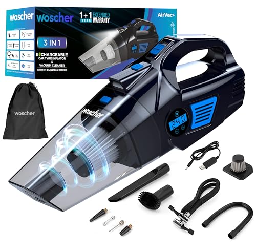 Woscher 578M 3In1 Usb Rechargeable Car Vacuum Cleaner Cordless,Tyre Inflator,150 Psi Digital Air Pump For Car Tyre|120 Watt Car Vacuum Cleaner High Power 6000Pa |Led Light| Auto Shut Off