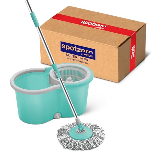 Spotzero By Milton Microfiber Wheely Spin Mop With Puller Handle, Bucket, Pocha For Floor Cleaning And Mopping System 360° Flexible,1 Microfiber Refills, Big Size, Aqua Green