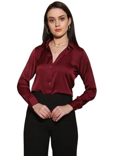 Bowrain Satin Silk Fabric Spread Collar Regular Fit Full Sleeve Top Shirt For Women And Girl, (Wine), (Small)