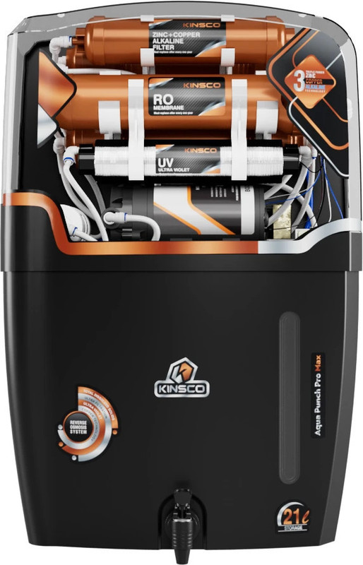 Kinsco Aqua Punch Pro Max 21 L With Isi Mark Ro+Uv+Uf+Tds Adjuster 21 L Ro + Uv + Uf + Tds + Alk + Copper Water Purifier(Black)