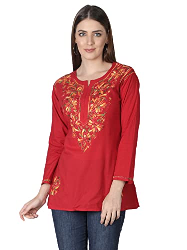 Seva Chikan Hand Embroidered Lucknowi Chikankari Red Tunic Top For Women-(4076_Red_M)