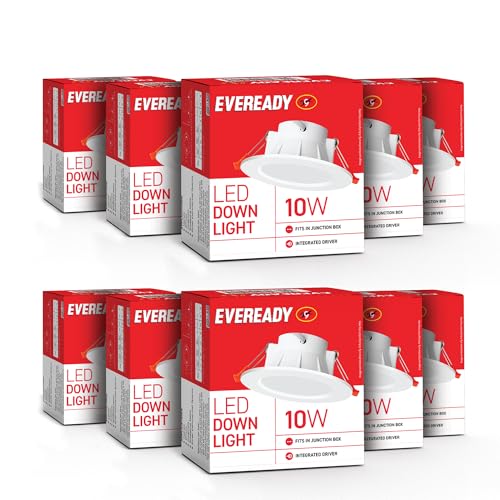Eveready Aluminium 10W Led Downlight, Round Shape, Cool Day White, 80 Lm/W Efficiency, 4Kv Surge Protection, 810 Lumens, 75Mm Cut Size, Lightweight, Integrated Driver, Junction Box Fit, Pack Of 10
