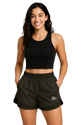 House Of Fusion Sports Shorts For Women Running Gym Workout – Dry Fit Quick Dry Double Layer Inner Compression With Pockets | Breathable Lightweight Athletic Wear (In, Alpha, M, Regular, Black)