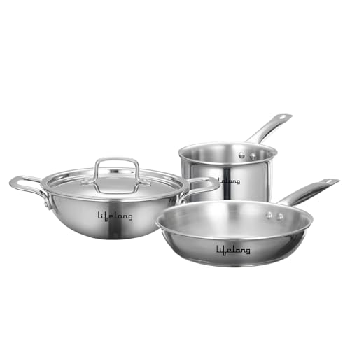 Lifelong Triply Kadai, Frypan & Saucepan For Cooking | Stainless Steel 22 Cm Kadai & Fry Pan 22 Cm With Stainless Steel Lid | 16 Cm Sauce Pan | Induction Bottom & Gas Stove Cookware (Silver, Lltp3Pcs)