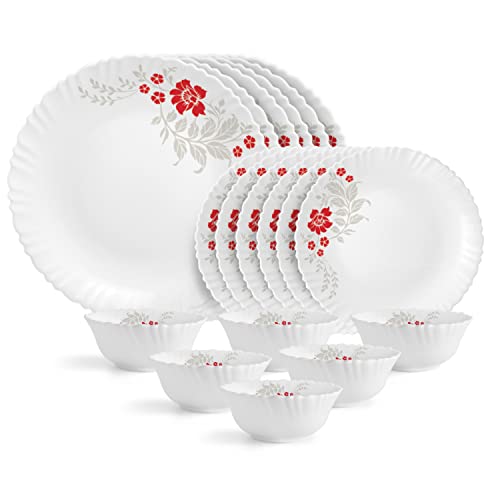 Cello Opalware Dazzle Series Scarlet Bliss Dinner Set 18 Units Serving For 6 | Bone Ash-Free | Lightweight, Elegant White Plates & Bowls Set | Opal Glass Crockery Set For Daily Use Dinning & Gifting