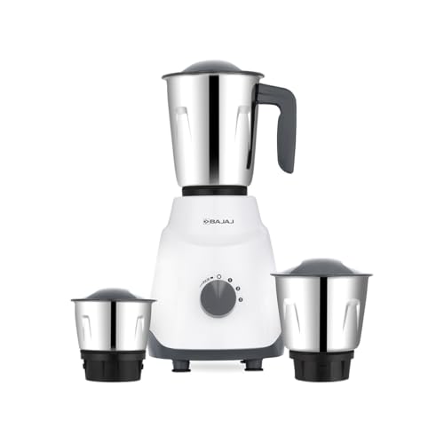 Bajaj Gx1 Ninja Series 500W Mixer Grinder With 3 Jars (Stainless Steel Jars) | Superior Mixie For Kitchen | Durable Mixer Grinder | Duracut Blades | 2 Yrs Warranty 【White/Grey】