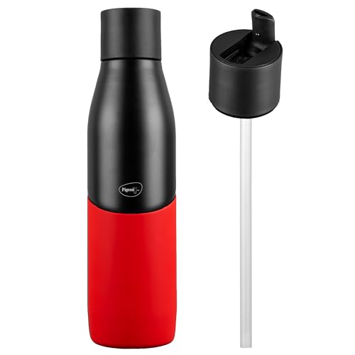 Pigeon By Stovekraft Luxe Thermos Stainless Steel Sipper Flask 500Ml With Straw| 24 Hours Hot And Cold|Leak Proof|Easy To Open|Easy To Use|Ideal Usage For Office Men/Women|School/College|Black&Red