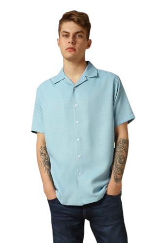 Dennis Lingo Men’S Blue Half Sleeves Cuban Collar Solid Textured Relaxed Fit Casual Shirt