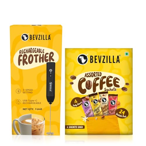 Bevzilla 24 Assorted Coffee & Rechargeable Electric Frother Combo Pack | 3-Speed Setting With Type-C Fast Charging| 6 Pouches Each Flavour | Café Coffee Kit | Enjoy Hot & Cold