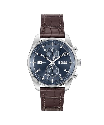 Boss Skytraveller Qtz Fashion Chrono Blue Round Dial Men’S Watch|Brown Croc Leather Material|Brown Color Band – 1514194