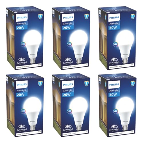 Philips 20-Watt Led Bulb |Acebright High Wattage Led Bulb|Base: B22, Light Bulb For Home | Crystal White, Pack Of 6