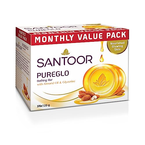 Santoor Pureglo Glycerine Soap With Almond Oil And Glycerine, 125G For Nourished Glowing Skin