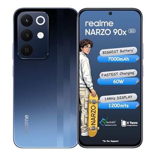 Realme Narzo 90X 5G (Nitro Blue, 8Gb+128Gb) | 7000Mah + 60W Biggest Battery & Fastest Charging In The Segment* | 144Hz Bright Display | Sony 50Mp Ai Rear Camera | Ai Assist | 400% Ultra Boom Speaker